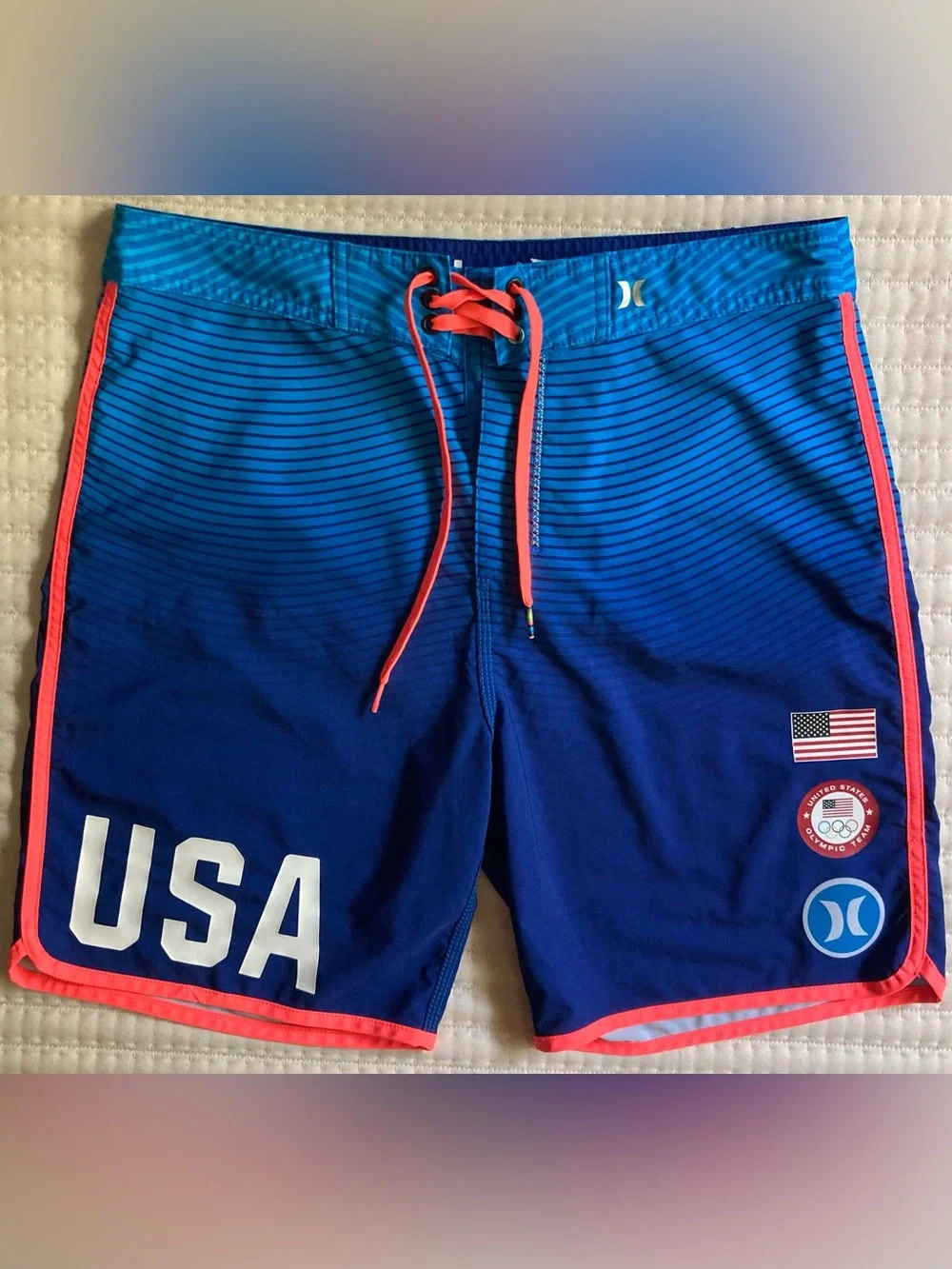 Hurley Phantom USA Olympic Board Shorts Men’s 32 Blue 7” Unlined Surf Swim Beach